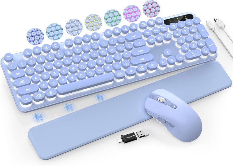 Trueque Wireless Keyboard and Mouse Backlit - Typewriter Keyboard with Retro Round Keycaps, Detachable Wrist Rest, Light Up Letters, 2.4G Rechargeable Combo for Mac, Windows, PC, Laptop, (Purple) - Image 1